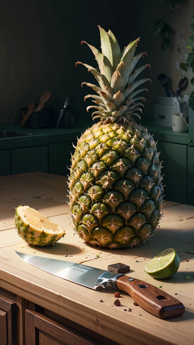 A whole pineapple with textured skin, green leaves, on kitchen counter, knife beside, ready to cut, hyperrealistic, 8k, ultra-detailed, vivid colors, studio lighting, physically-based rendering, professional photography