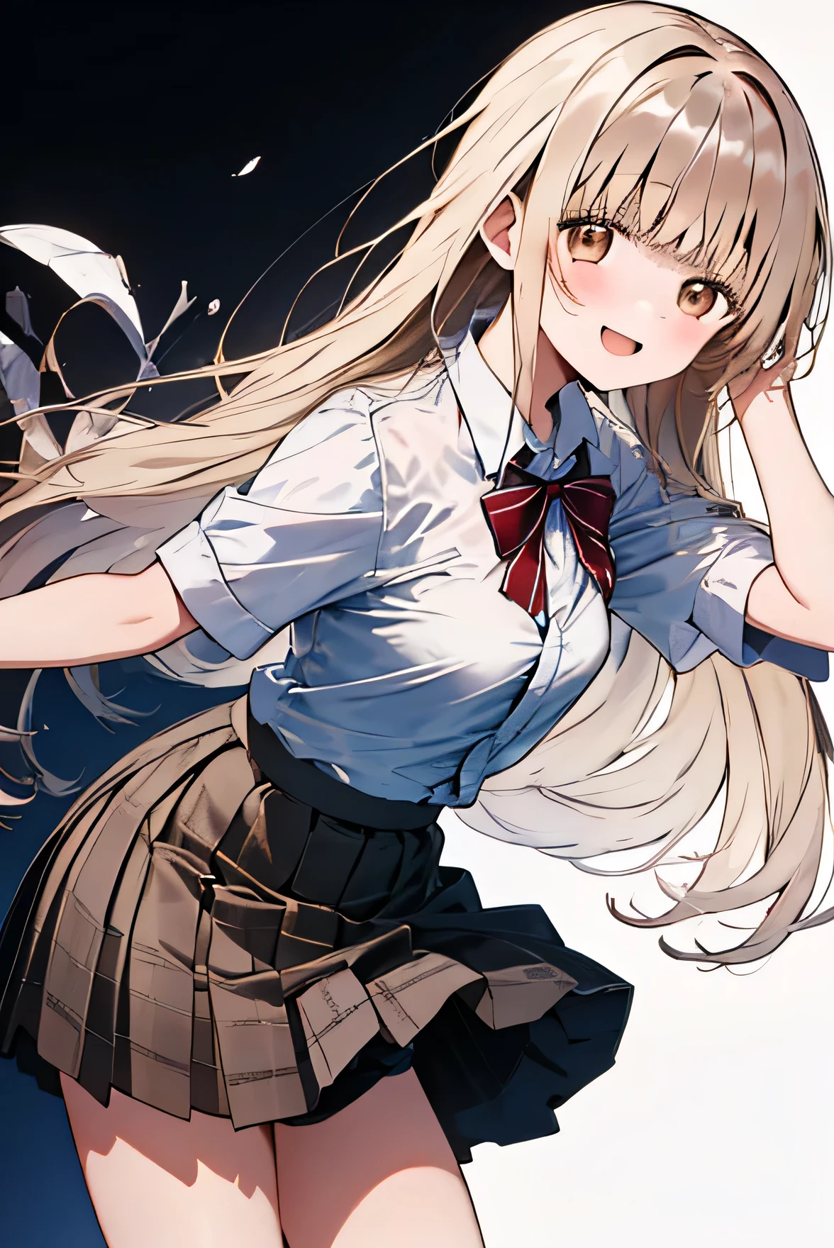 ((masterpiece, Highest quality)), (One girl), (alone), (Focus on women), (whole body), Clear smile, Open your mouth, ((White shirt), (open button shirt), (Gap Button)), ((Black Skirt), (Short skirt)), Are standing,(( White Background)), Put your arms behind your back, Dynamic Angle、((Bra is visible)),((Flip up the skirt))、((Her white panties are completely visible))、blush、Leaning forward、Long Hair