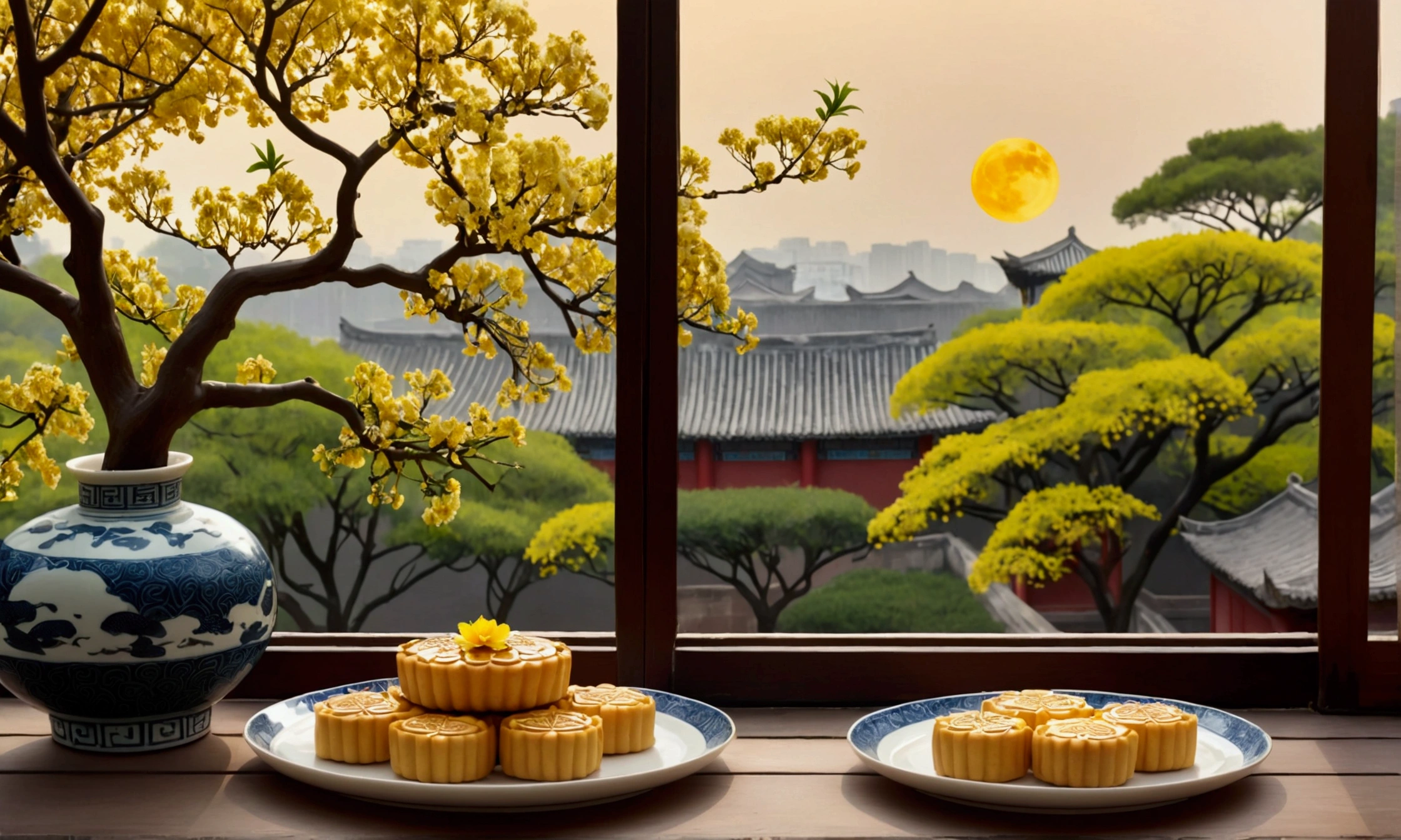 Product shooting, by the window, golden Osmanthus-fragrans-Lour , moon cakes on the plate; outside the window are round moon, dotted stars, osmanthus trees and breeze, Song Dynasty, ancient Chinese courtyard, telephoto lens, middle view, HD