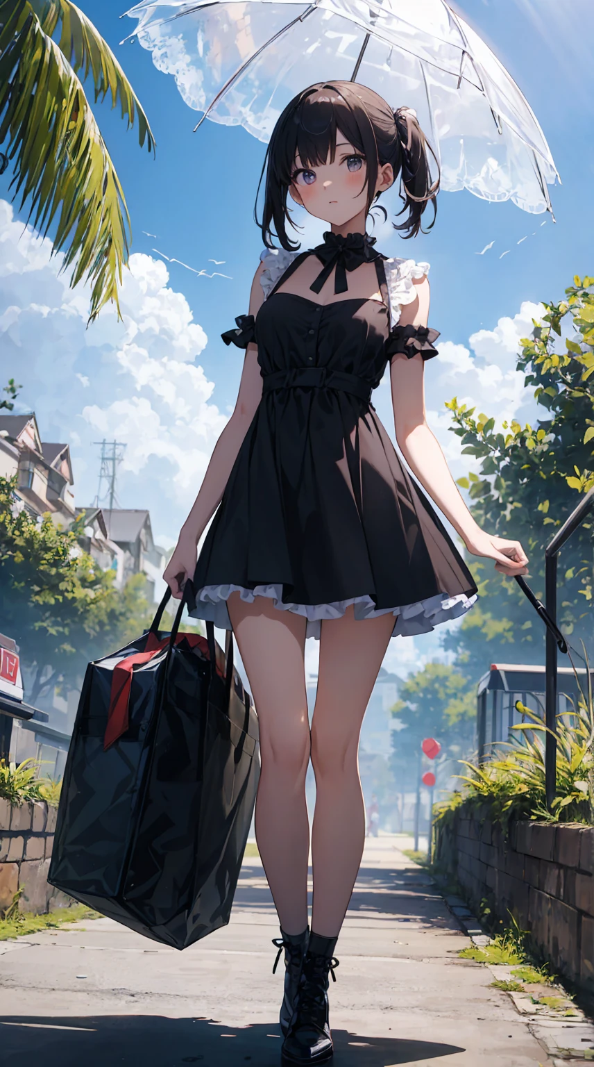This illustration depicts a cute girl going on a holiday outing. She is in her twenties and has bright eyes. The place is like a park. However, the most noteworthy thing is the "last mysterious high-energy body" she emits. This energy body released from her body has the power to annihilate the garbage in the sky. The blue-white light reaches every corner. She is standing with a parasol and is wearing a dress. It's summer and it's very hot.