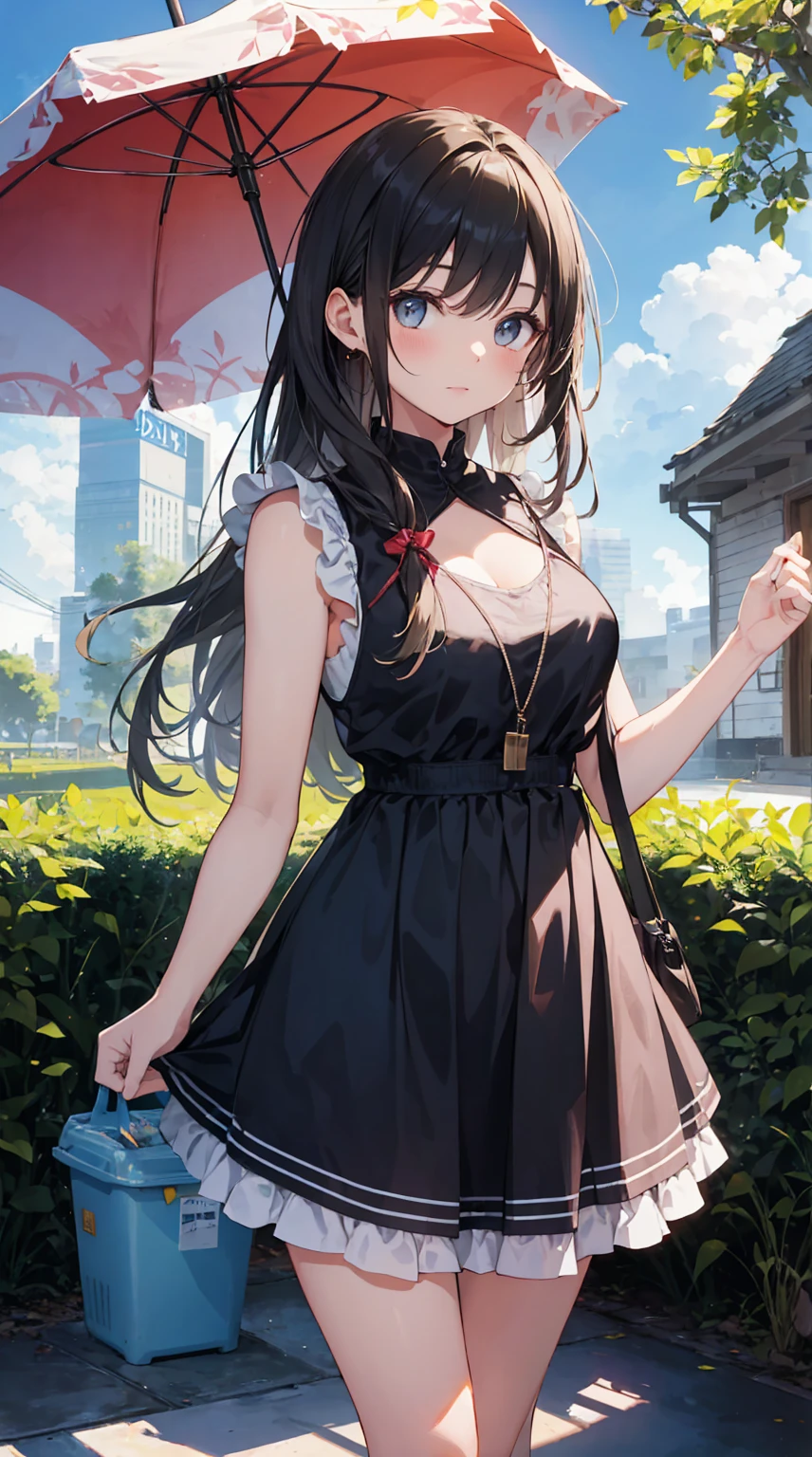 top-quality、Top image quality、​masterpiece、girl with((cute little、18year old、Best Bust、Medium bust、Bust 85,Beautiful blue eyes、Breasts wide open,Ponytail with black hair、A slender、Blue hair mesh、Beautiful black pitchley t-shirt、Beautiful black short skirt,jumpping)）hiquality、Beautiful Art、Background with((Sunny air)),masutepiece、Elaborate design、visualart、depth of fields、The best lighting、highestdetailed、8ｋ