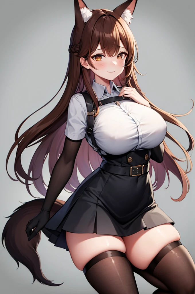 best quality, solo,Franka, 1girl, solo, long hair, breasts, looking at viewer, flirty, blush, smile, bangs, skirt, large breasts, simple background, brown hair, shirt, thighhighs, gloves, white background, animal ears, hair between eyes, brown eyes, very long hair, closed mouth, tail, short sleeves, black gloves, elbow gloves, collared shirt, black skirt, animal ear fluff, fox ears, fox tail, fox girl, single thighhigh, grey shirt, asymmetrical legwear,