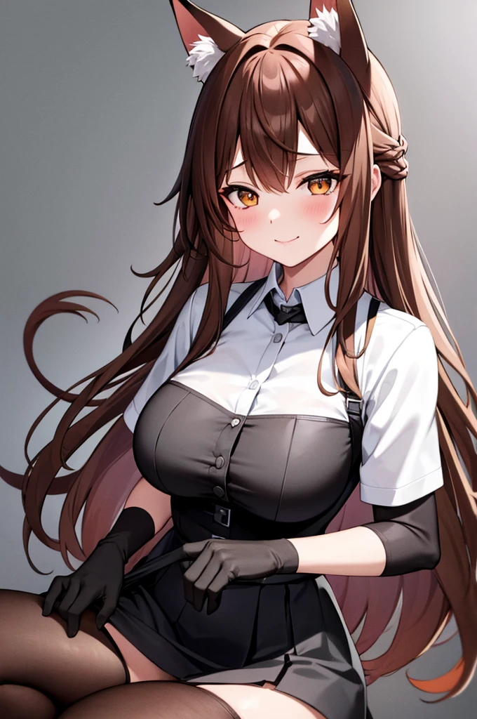 best quality, solo,Franka, 1girl, solo, long hair, breasts, looking at viewer, flirty, blush, smile, bangs, skirt, large breasts, simple background, brown hair, shirt, thighhighs, gloves, white background, animal ears, hair between eyes, brown eyes, very long hair, closed mouth, tail, short sleeves, black gloves, elbow gloves, collared shirt, black skirt, animal ear fluff, fox ears, fox tail, fox girl, single thighhigh, grey shirt, asymmetrical legwear,