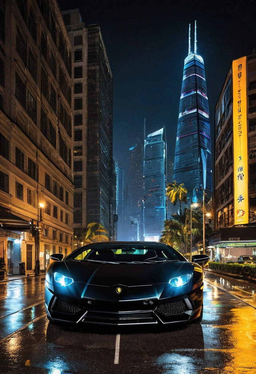 The city is alive with neon lights, casting vibrant reflections on the rain-slicked pavement. The hum of distant traffic and the occasional murmur of late-night revelers fill the air.
In the middle of this urban jungle, a sleek, black Lamborghini Aventador stands alone, parked under a flickering streetlamp. The car's polished surface gleams, its curves accentuated by the play of light and shadow. The signature scissor doors are closed, adding to its imposing presence.
The cityscape surrounds the Lamborghini, with towering skyscrapers and vibrant billboards illuminating the scene. The contrast between the modern architectural marvels and the timeless elegance of the Lamborghini creates a striking visual compositions.
