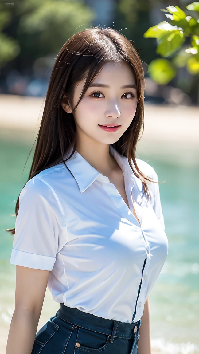 Oversized white collared shirt、Naked except for the shirt、Full Body Shot、Complex and beautiful eyes、woman、womanらしい髪型、Natural color lip、Big Breasts、valley、Bold and sexy pose、smile、Ocean、((18歳woman:1.ung and adorable Japanese face, Official Art,非常に精細なCG Unity 8k壁紙, (masterpiece:1.0),(Highest quality:1.0), photo shoot, 8k, Browsing Caution, High resolution, Kodak Portrait 400, Film Grain, Lens Flare Glow,Show Viewer