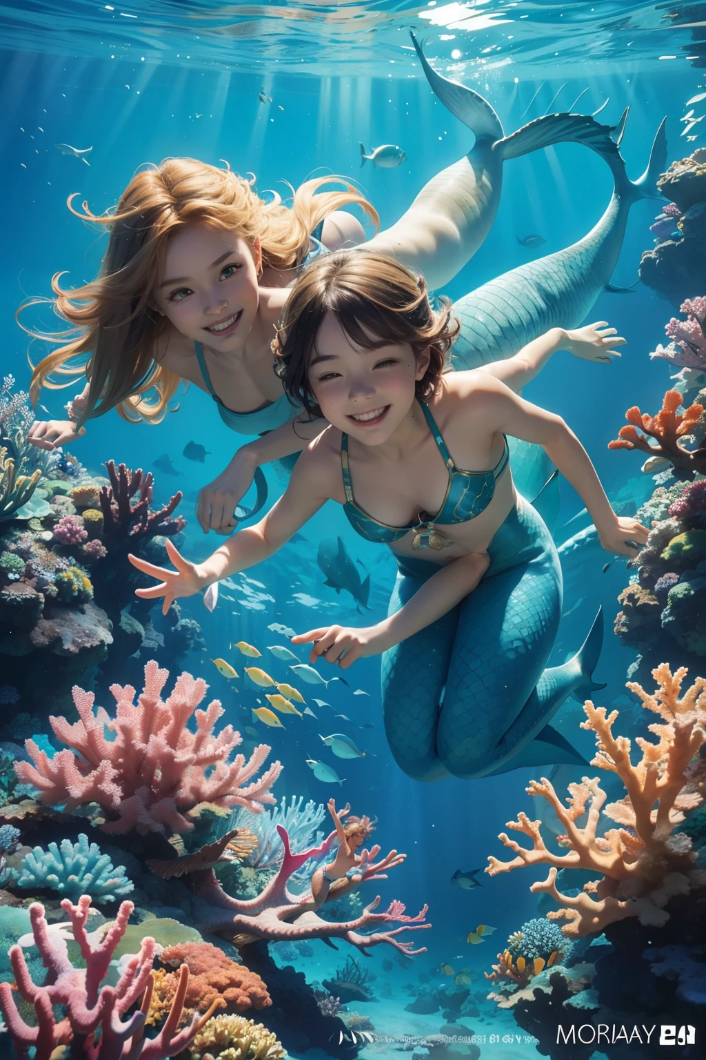 2Boys, transformed into mermaids, frolic and play in a vibrant reef zone, surrounded by a diverse array of marine life. The younger mermaid, a 7--old h golden blonde hair, swims gracefully with a radiant smile, her finned tail shimmering under the sunlight. Her older brother, an 8-year-olth ribrown hair, matches her playful energy, his own tail displaying intricate patterns that mimic coral reef formations. Together, they explore the colorful underwater world, occasionally sharing glances as they dart past vibrant schools of fish. In the distance, a majestic shark peacefully sw