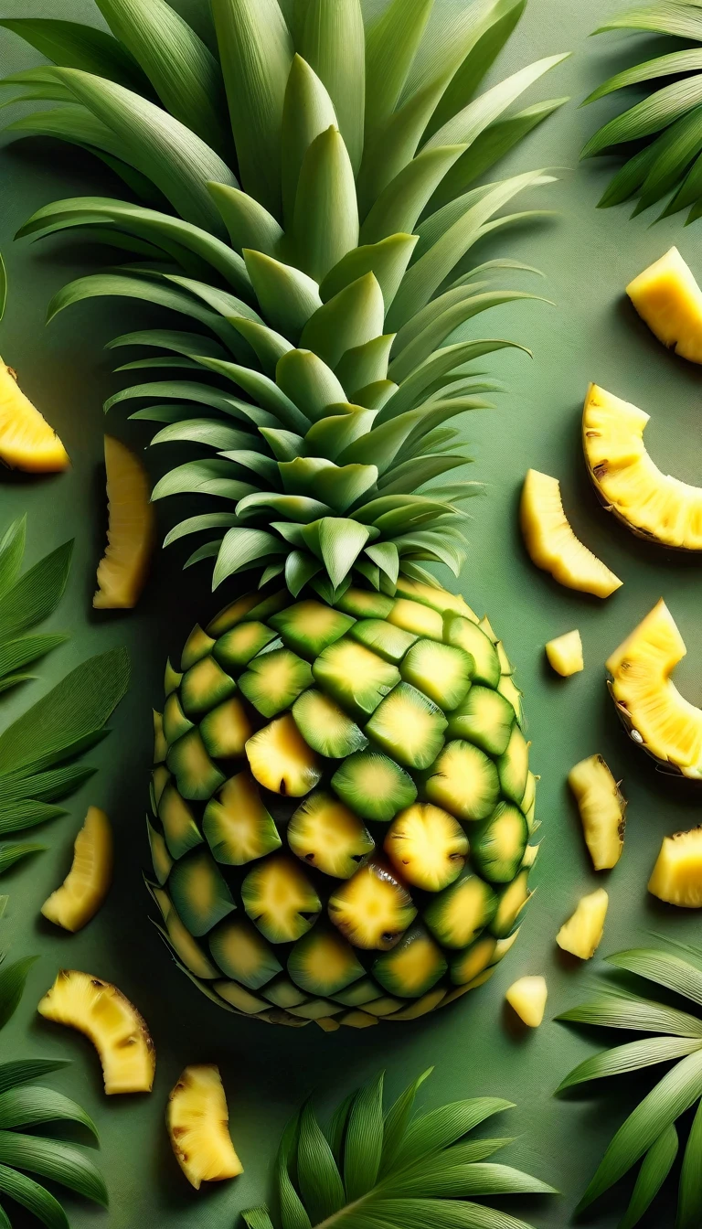 A whole pineapple with textured skin, green leaves, kitchen counter, knife nearby