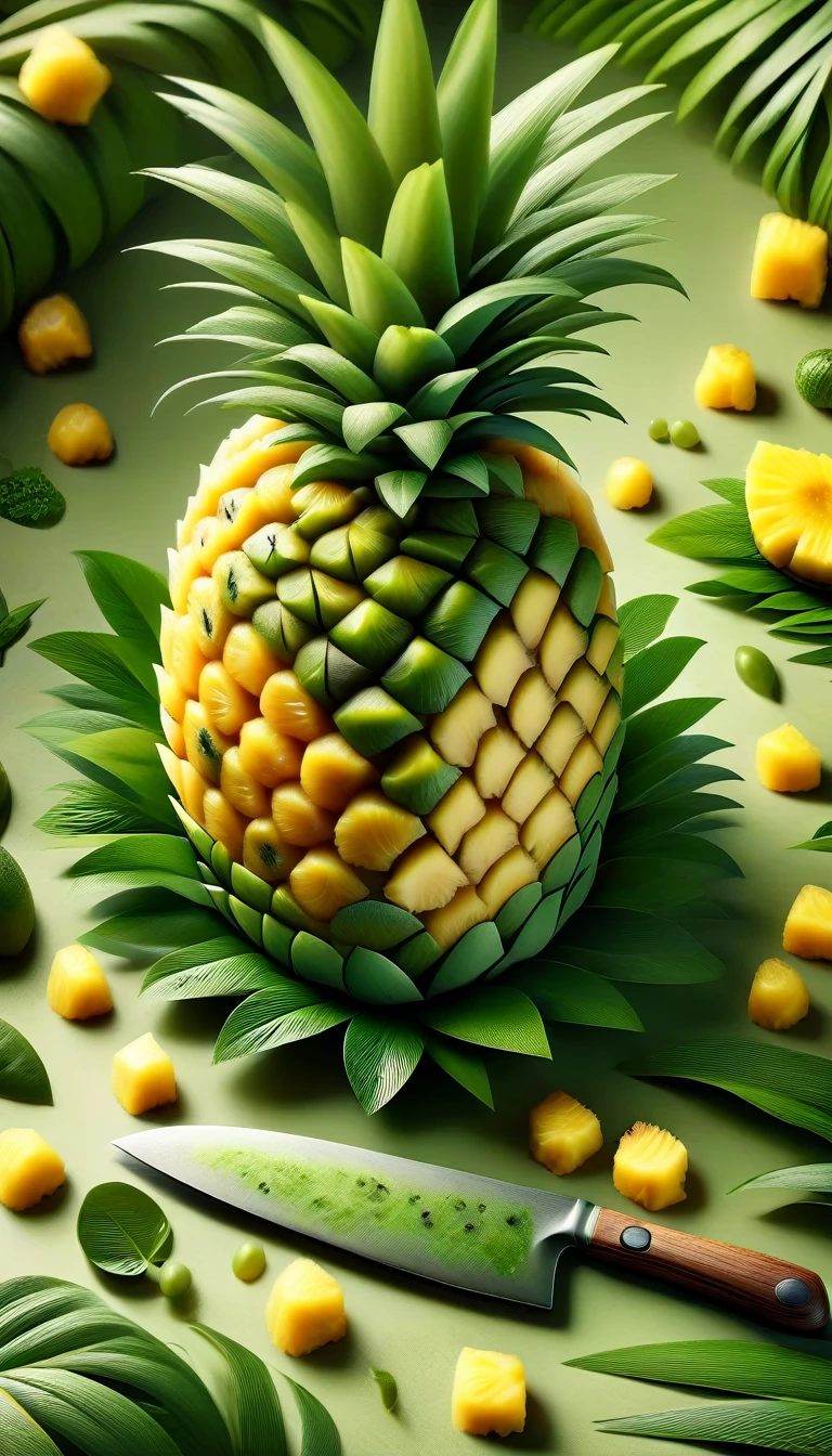 A whole pineapple with textured skin, green leaves, kitchen counter, knife nearby