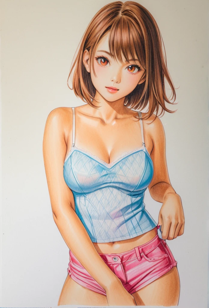  female，short camisole，white，Art，ad，colour pencil drawing，draft drawing 