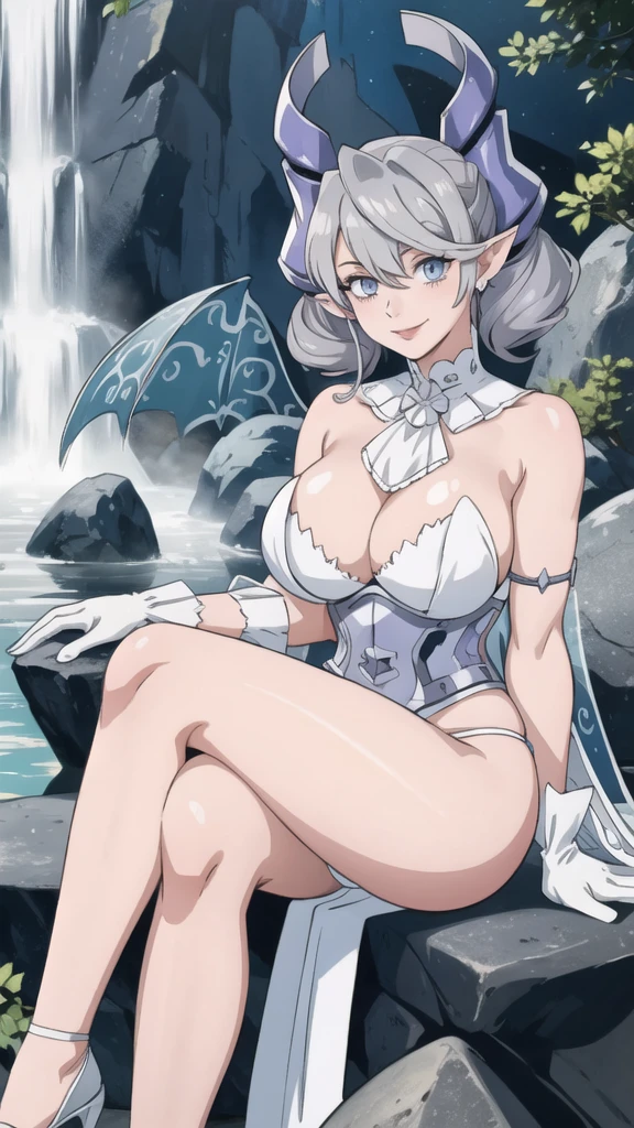 Waterfalls  High level image quality　best image quality　8K　 adult woman   garden rocks outside  more colors   whole body view　portrait　wearing bikini   　white horn    ears  　short hair（（shortcut）（gray hair）（perm）（fluffy））　eye color is blue ,  white gloves, 　attractive evil face , smile   ,  sexy pose   ,  labrynth ,  barearm    , wearing pink , big wings    , sitting    , crossed legs , white classy heels