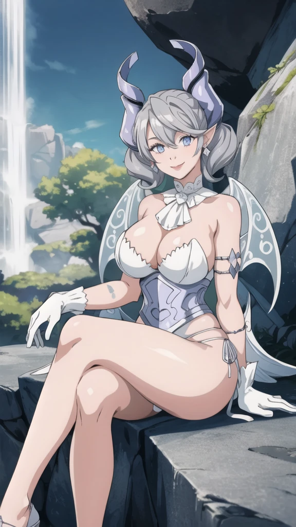 Waterfalls High level image quality best image quality 8K adult woman garden rocks outside more colors whole body view portrait wearing bikini white horn ears short hair((shortcut)(gray hair)(perm)(fluffy)) eye color is blue , white gloves, attractive evil face , smile , sexy pose , labrynth , barearm , wearing pink , big wings , sitting , crossed legs , white classy heels