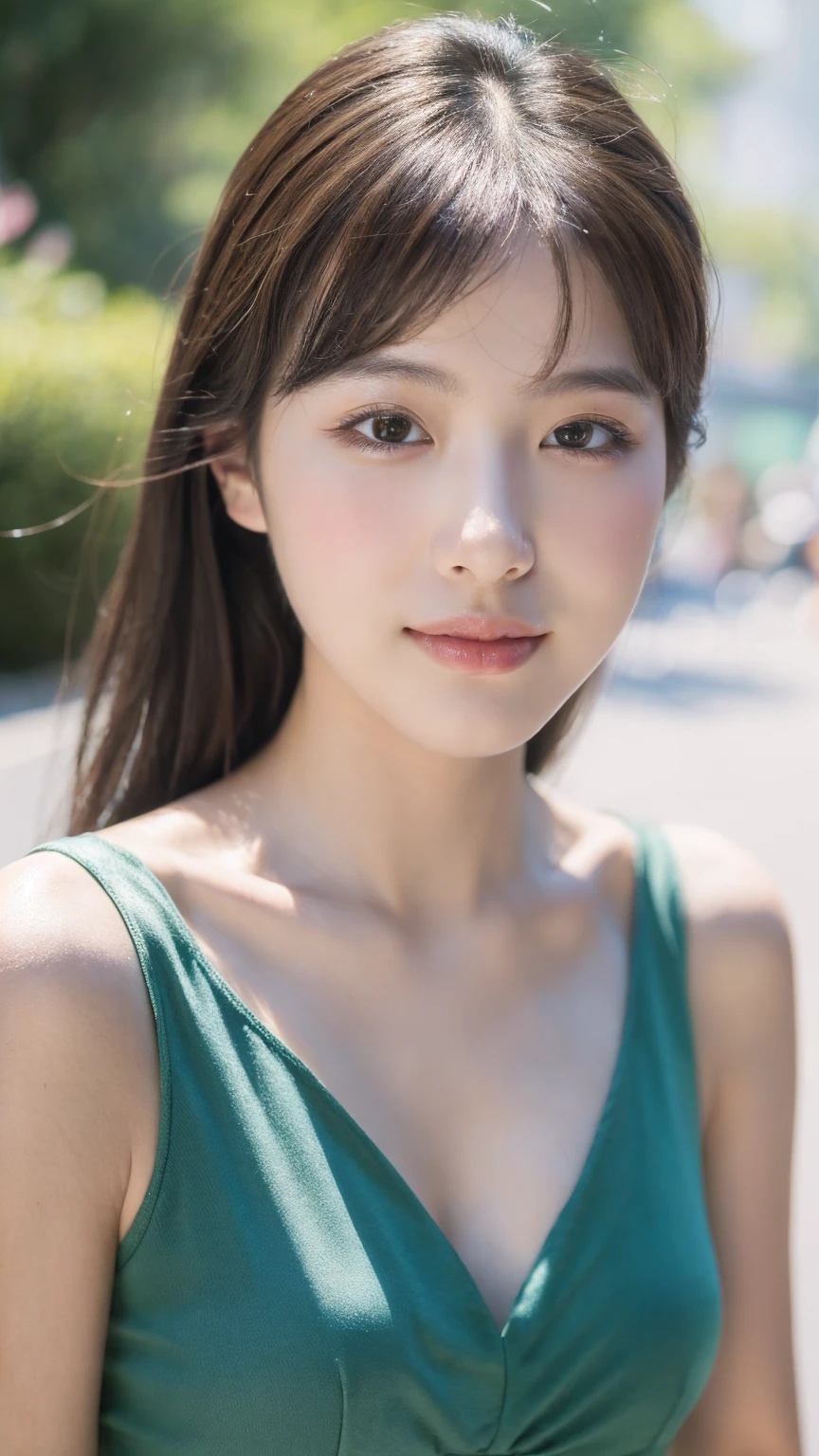 ((Best quality, 8k, masterpiece:1.3)),1girl,18 years old,Asian,Real texture:1.3,(Background blur:1.1),Dress Up,Tall and slender figure:1.2,(Hot summer weather),(street:1.3),Highly detailed face and skin textures,Exquisite eyes,Long eyelashes,Double eyelids,Skin Whitening,happy,Various postures,Beautiful breasts