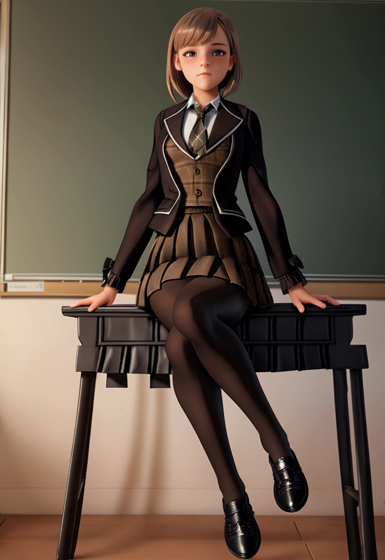 beautiful Emma Watson, very detailed eyes and face, beautiful detailed eyes, huge file size, very detailed, high resolution, very detailed, best quality, masterpiece, (((School Classroom)), (((simple blazer))), (((pleated very tiny miniskirt))), (((The pattern of the skirt and tie is a check pattern.:1.3))), very detailed, CG, 8K wallpapers, amazing, fine details, masterpiece, best quality, very detailed CG uniform 8K wallpapers, my face shines, cinematic lighting, 1 woman, , (((dynamic pose))), (( sheer pantyhose sit with legs crossed.)), ((whole body))