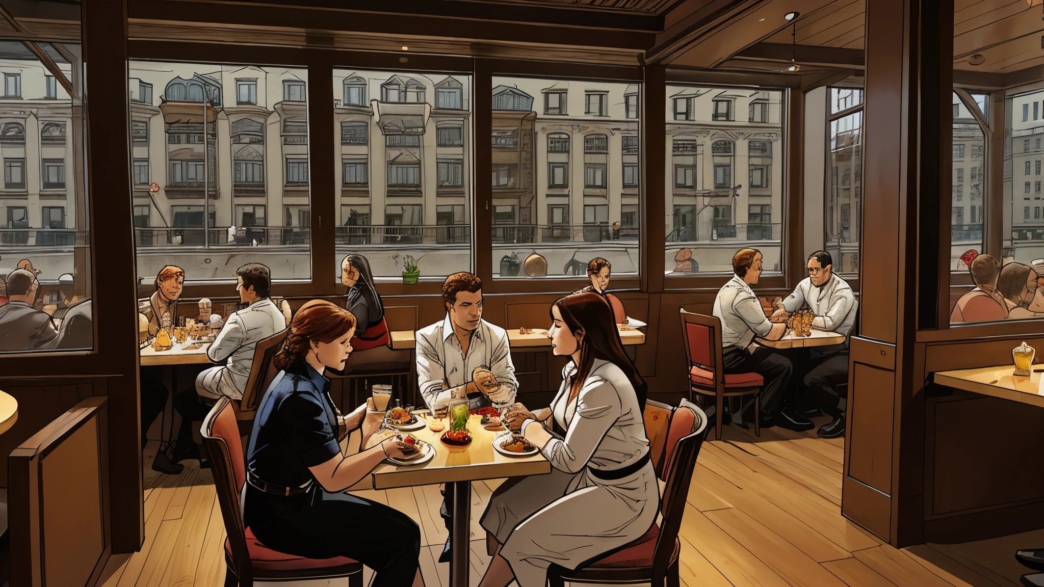 a restaurant, a restaurant в москве, public place, indoors, big windows, luxury, дорогой a restaurant, people have lunch, workers greet guests, Marvel Comics Style, comics