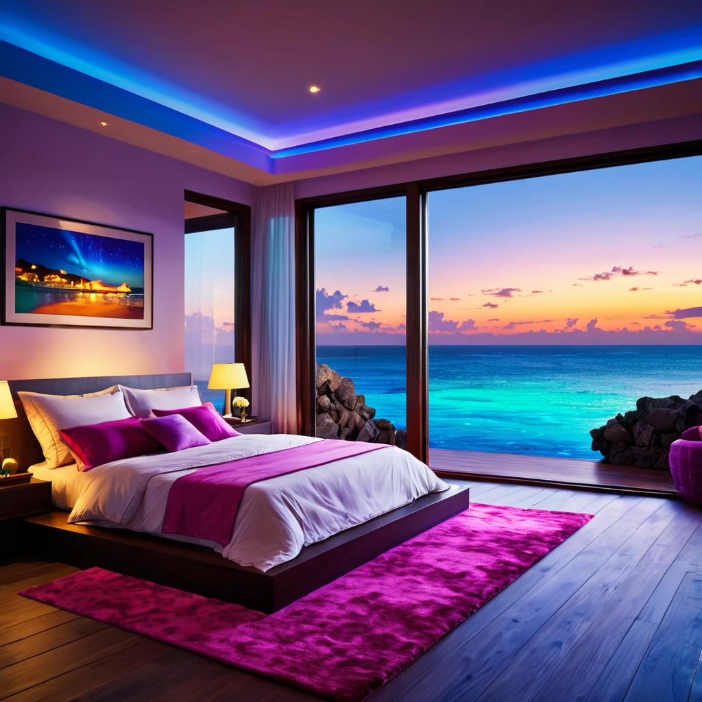 bedroom- magical- lighting- colorful- seaview