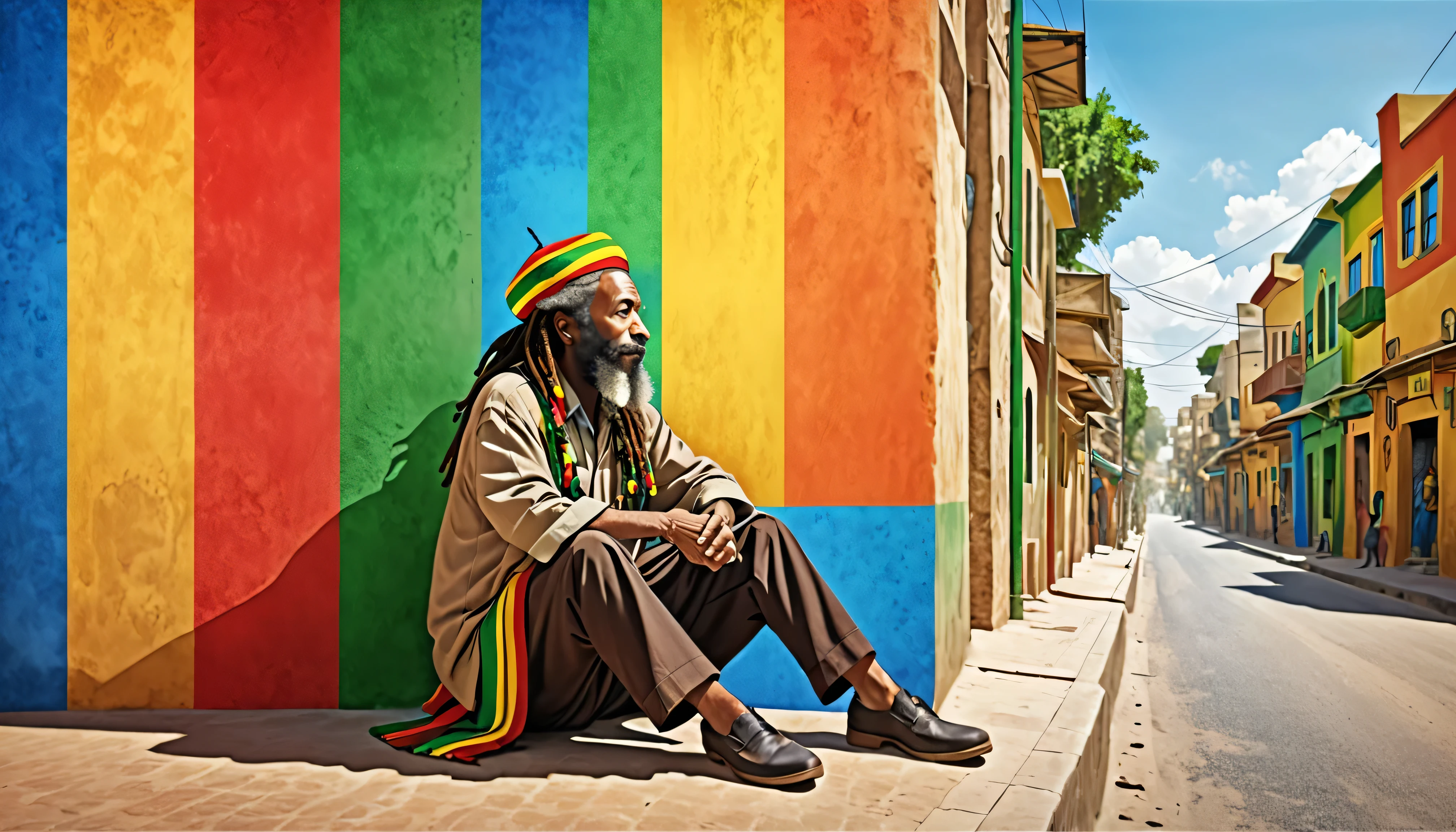 Streetscape,Shield of David,Rastafarian,The entire surface is divided horizontally into three parts with raster colors,Old man and sitting