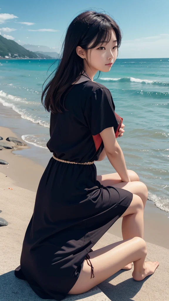 a woman not wearing a busan was sitting on the edge of the beach