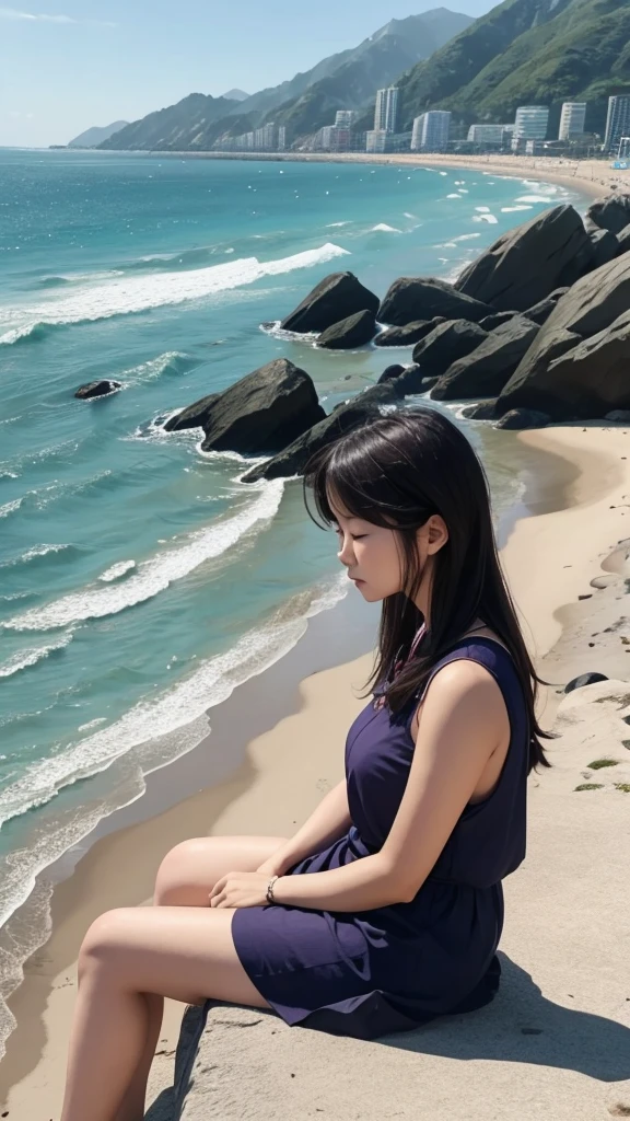 a woman not wearing a busan was sitting on the edge of the beach