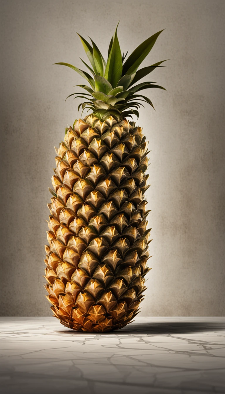 (a whole pineapple with textured skin,green leaves,kitchen counter,knife,ready to cut,best quality,4k,8k,highres,masterpiece:1.2),ultra-detailed,(realistic,photorealistic,photo-realistic:1.37),vibrant colors,natural lighting,detailed textures,still life,food photography,high contrast