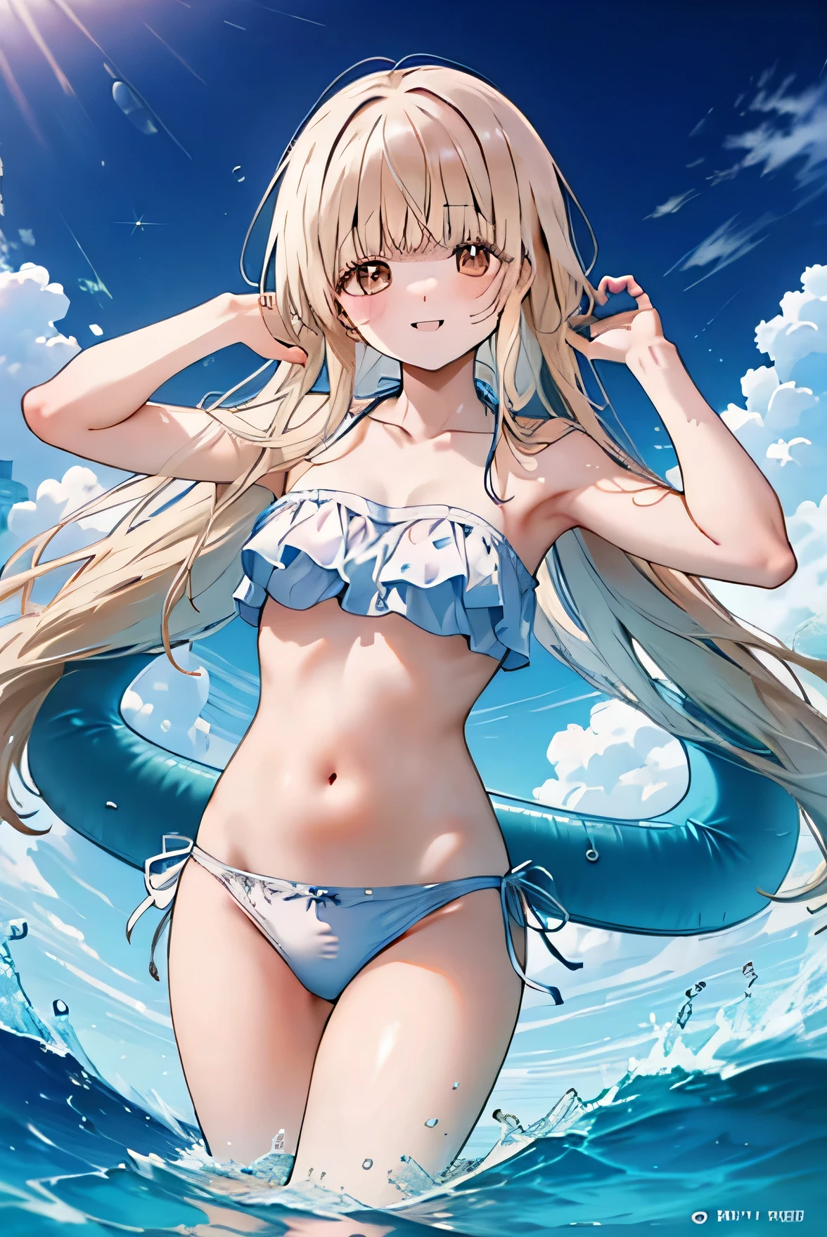 ((Masterpiece, Highest quality)), Anime Coloring、16K、Ultra fine、(Focus on women), (whole body), Clear smile, Open your mouth, ((White bandeau bikini)), ((Ocean)) , Dynamic Angle、blush、((Swim ring))、((Swim ringに乗る))