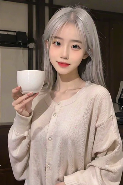 A slim girl with a sexy look on her faceGNaked Japanese white-haired beauty with a cup