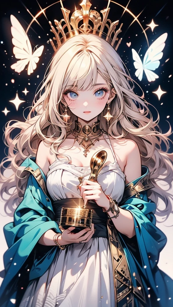 A woman in a white dress is holding a music box, artwork in the style of Gwaiz, Gwaiz on pixiv artstation, Gwaiz on artstation pixiv, Gwaiz, Fantasy art style, Gwaiz masterpiece, Beautiful and elegant queen, Beautiful character drawings, Detailed digital anime art, Blonde Princess, Gray Hair, Sky blue eyes, Pink Lips