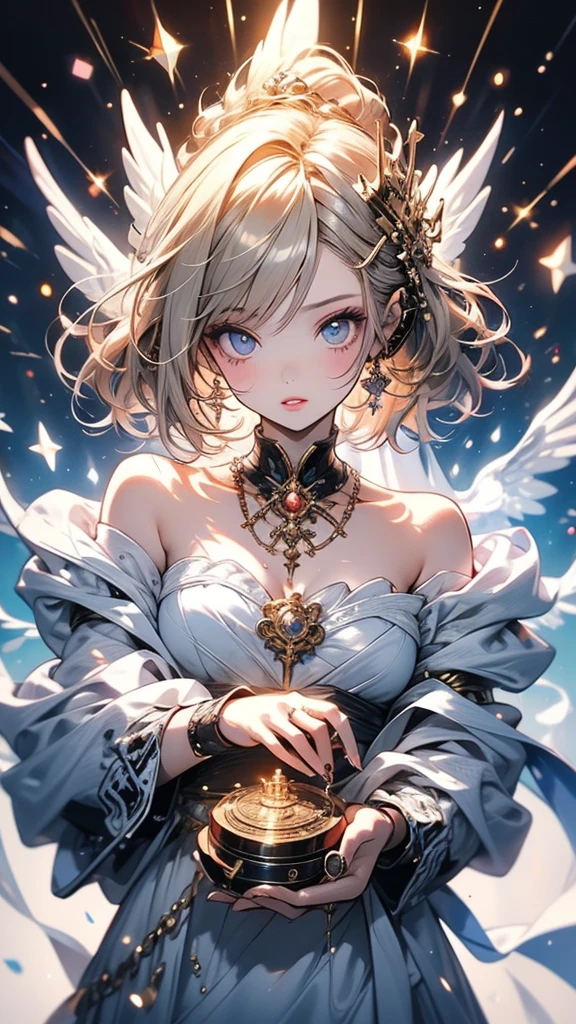 A woman in a white dress is holding a music box, artwork in the style of Gwaiz, Gwaiz on pixiv artstation, Gwaiz on artstation pixiv, Gwaiz, Fantasy art style, Gwaiz masterpiece, Beautiful and elegant queen, Beautiful character drawings, Detailed digital anime art, Blonde Princess, Gray Hair, Sky blue eyes, Pink Lips