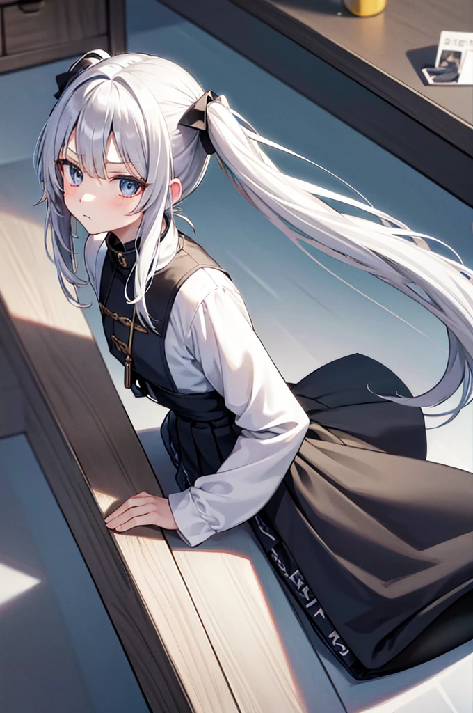 from above,silver hair, twintails, very long hair, アニメ, best quality, masterpiece、Black mini skirt、Black high neck half zipper、Black Pantyhose、looking at the camera、look back、Serious face
