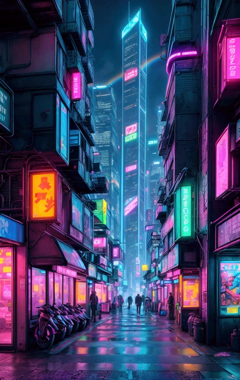 Complex, multi-layered urban environment at night. Cityscapes are highlighted with vibrant neon rainbow outlines, giving the scene a surreal, cyberpunk aesthetic. Sharp focus, highly detailed illustrations, masterpiece, high resolution
