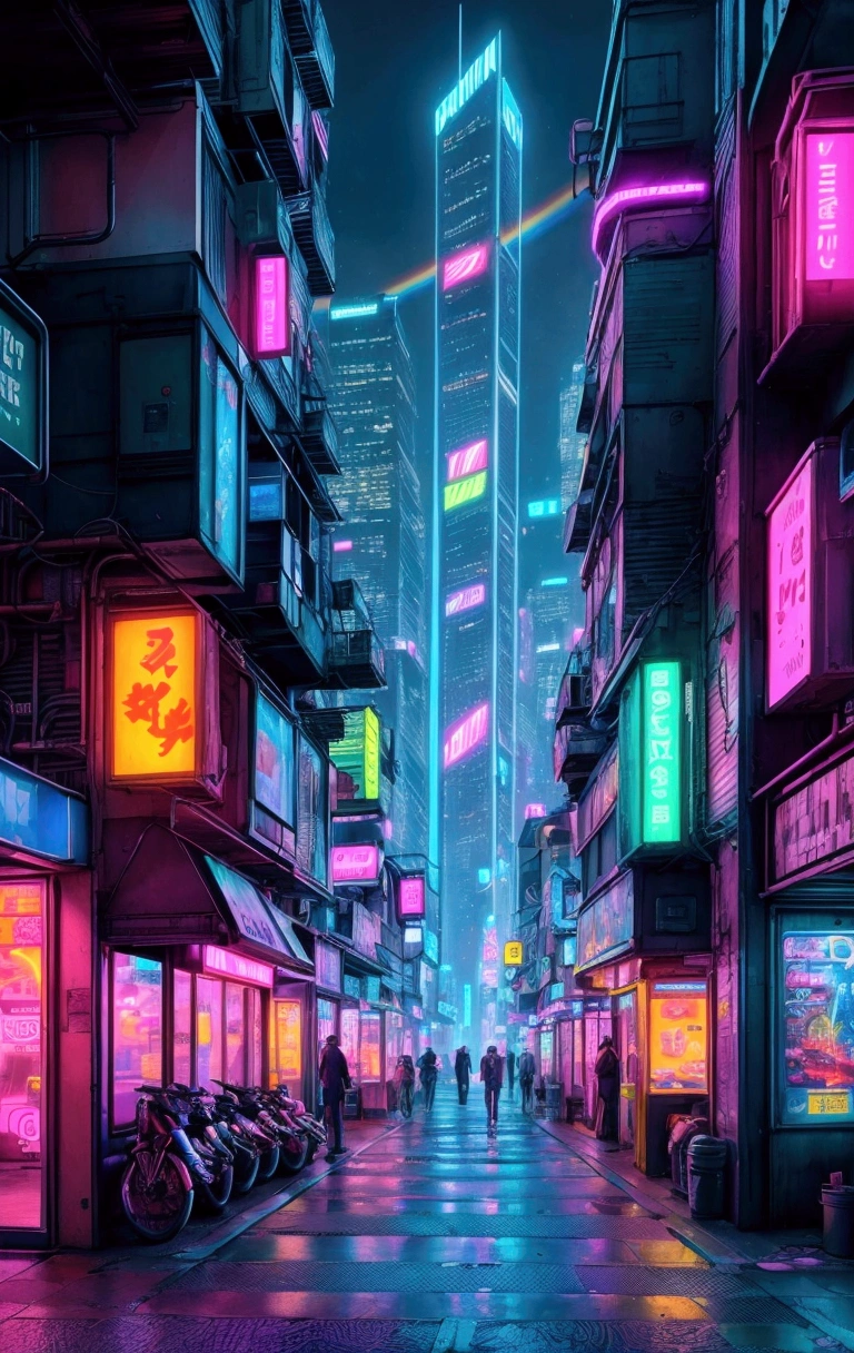 Complex, multi-layered urban environment at night. Cityscapes are highlighted with vibrant neon rainbow outlines, giving the scene a surreal, cyberpunk aesthetic. Sharp focus, highly detailed illustrations, masterpiece, high resolution