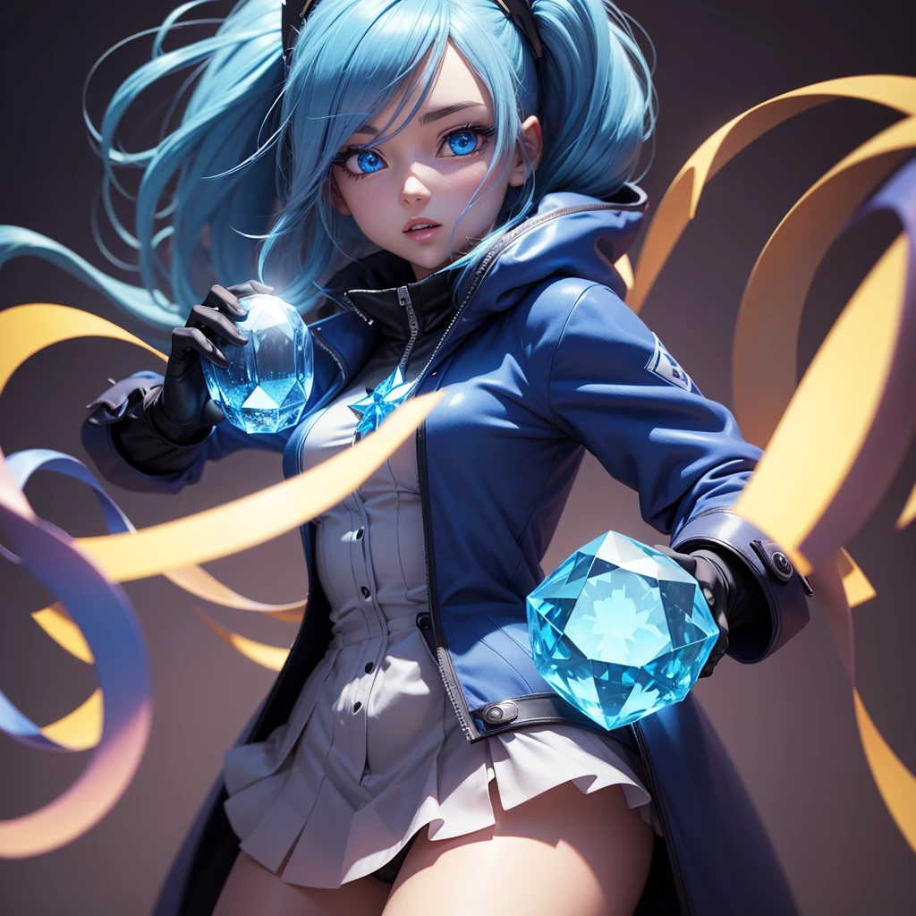 a cartoon anime girl,3d , animated,lighting neons,holding a blue diamond,wearing a coat