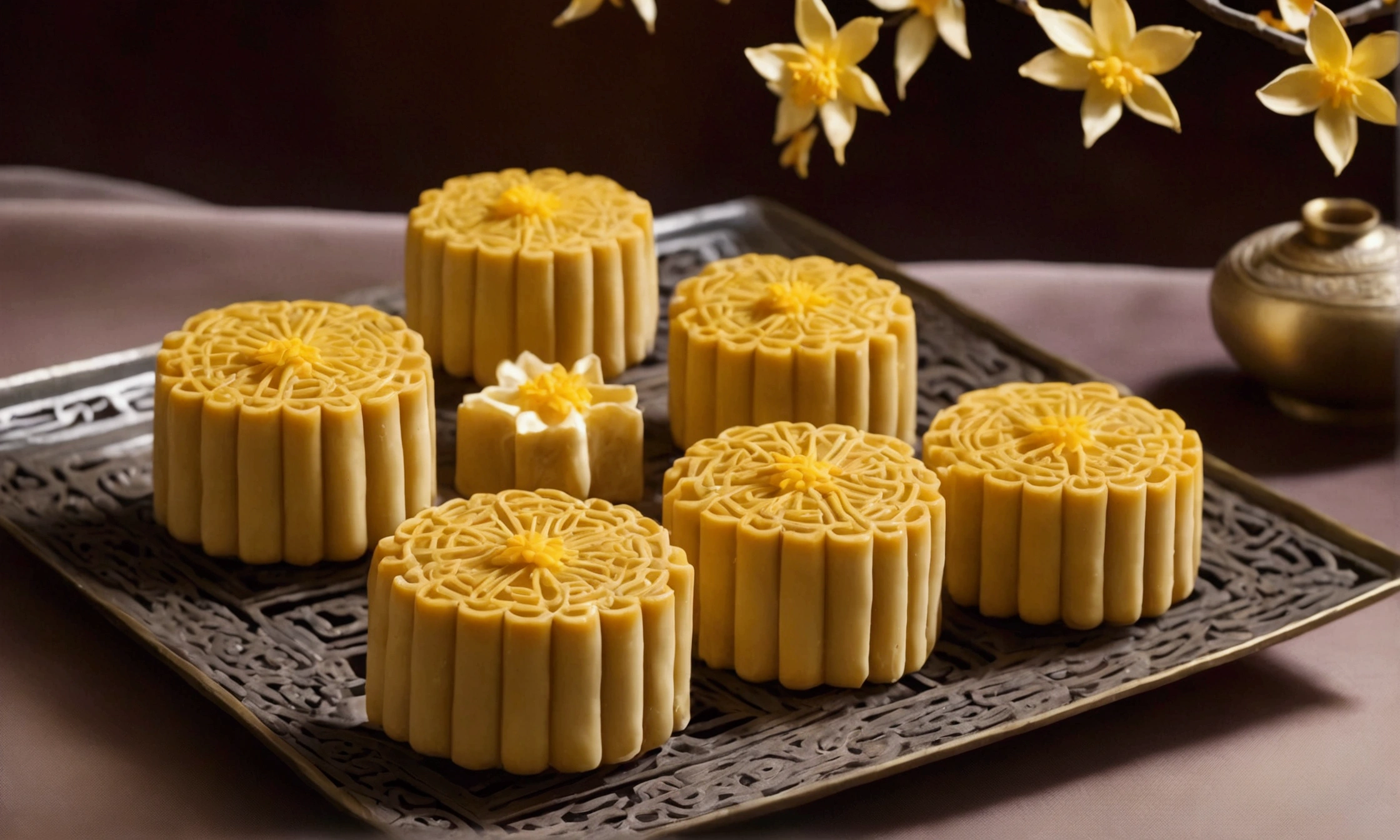 Product shooting, by the window, golden Osmanthus-fragrans-Lour , moon cakes on the plate; outside the window are round moon, dotted stars, osmanthus trees and breeze, Song Dynasty, ancient Chinese courtyard, telephoto lens, middle view, HD