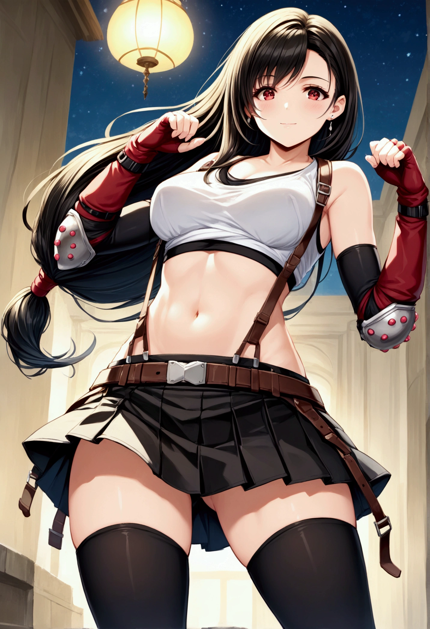 (score_9,score_8_up,score_7_up), masterpiece, best quality,
newest, recent, perfect anatomy,
official art, best perspective, depth of field,,
very aesthetic, illustration,,(Guts pose),(side pose),dynamicangle ,(upperbody) ,Solo,1girl, tifa lockhart, final fantasy,black hair, low-tied long hair, red eyes, bangs, (white tank top,gap),High exposure,Belly exposure,the ribs,(belt, pleated skirt, thighhighs, elbow fingerless gloves, elbow pads, midriff, navel,suspenders.skirt),beautiful waist ,(large_breast:1.3),light smile,,,outdoor,star sky,night,