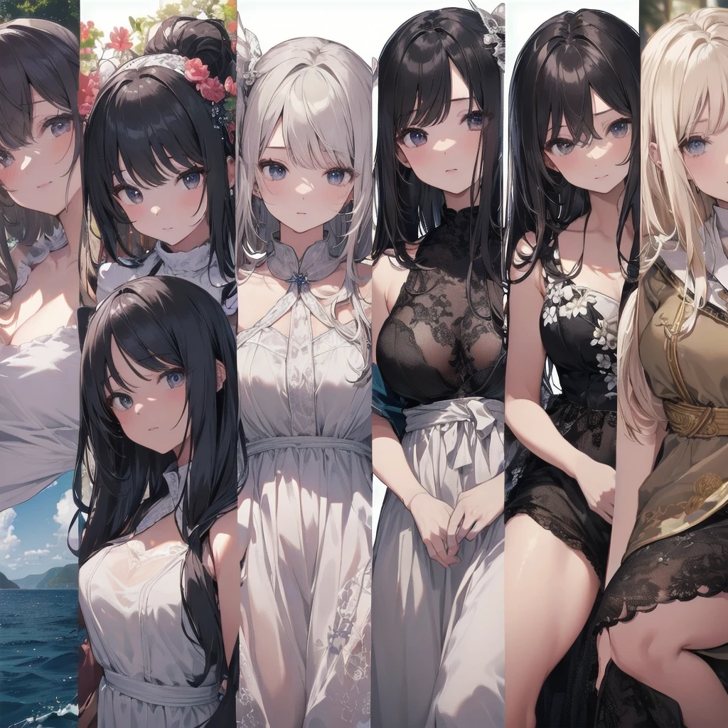 (Highest quality、masterpiece、High resolution、8k)、Vibrant colors、1 female、Long black hair、whole body、barefoot、thin、(Detailed face、Beautiful Eyes、Beautiful Nose、Pretty lips)、A woman in a white dress jumps high、Official Art、The background is the sea、blue sky、Wide sandy beach、Wide forest、