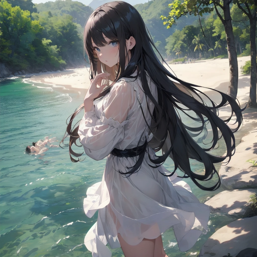 (Highest quality、masterpiece、High resolution、8k)、Vibrant colors、1 female、Long black hair、whole body、barefoot、thin、(Detailed face、Beautiful Eyes、Beautiful Nose、Pretty lips)、A woman in a white dress jumps high、Official Art、The background is the sea、blue sky、Wide sandy beach、Wide forest、