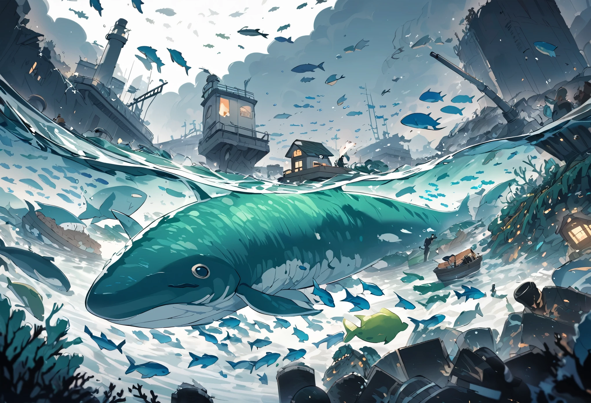 Black and White,Marine pollution,disaster,school of fish,green whale,seaweed,water pipe,near future,chimney,disaster ,meticulous,high quality