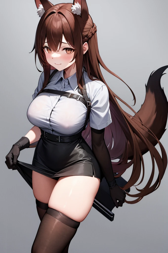 best quality, solo,Franka, 1girl, solo, long hair, breasts, looking at viewer, flirty, blush, smile, bangs, skirt, large breasts, simple background, brown hair, shirt, thighhighs, gloves, white background, animal ears, hair between eyes, brown eyes, very long hair, closed mouth, tail, short sleeves, black gloves, elbow gloves, collared shirt, black skirt, animal ear fluff, fox ears, fox tail, fox girl, single thighhigh, grey shirt, asymmetrical legwear,