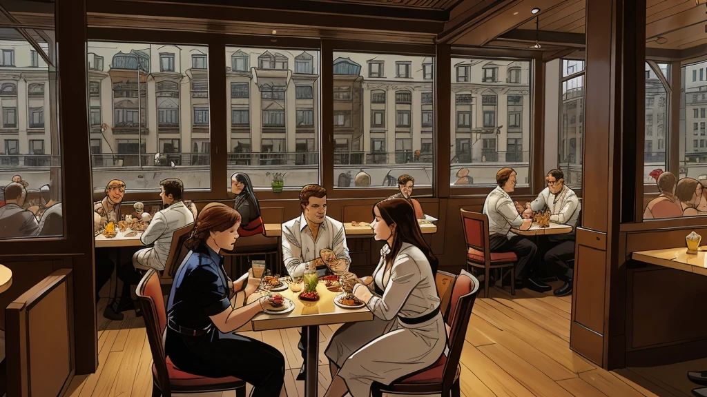 a restaurant, a restaurant в москве, public place, indoors, big windows, luxury, дорогой a restaurant, people have lunch, workers greet guests, Marvel Comics Style, comics