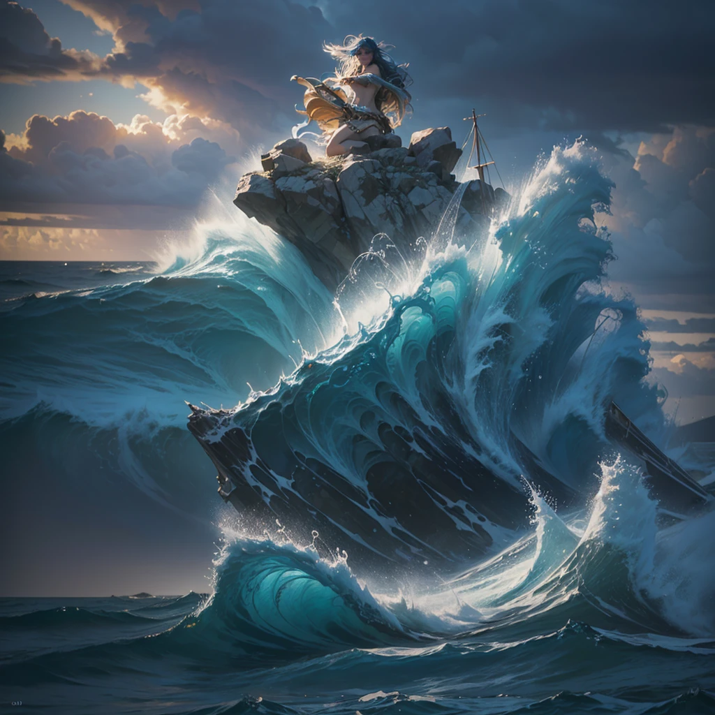 Poseidon with long blue hair holding a trident, dramatic lighting, expressive blue eyes, (best quality,4k,8k,highres,masterpiece:1.2),ultra-detailed,(realistic,photorealistic,photo-realistic:1.37),HDR,UHD,studio lighting,ultra-fine painting,sharp focus,physically-based rendering,extreme detail description,professional,vivid colors,bokeh,concept art,fine art,seascape,ocean waves,crashing waves,stormy sky,moody lighting,dramatic atmosphere