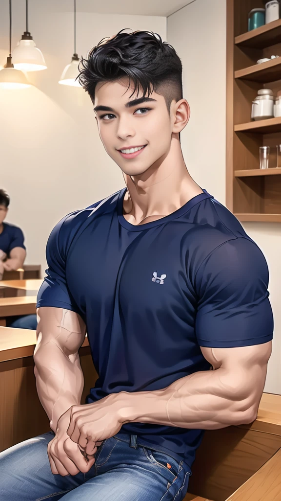1 man is in the center of the picture., smile, (Wear a dark navy round neck shirt.., short sleeve shirt ยี่ห้อ under armor), (jeans), (Korean people) , korean men, (realistic light), looking at the audience, Balancing eye contact), in the coffee shop, cafe