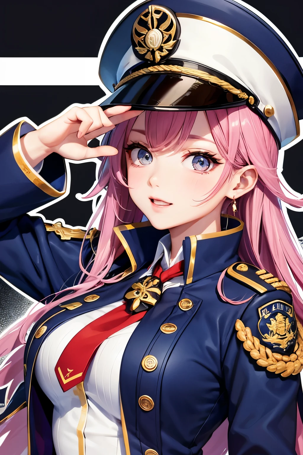 **A cute anime girl with brown twin-tailed bun hair is wearing an elegant navy uniform and saluting the viewer with one hand in Genshin style. On her head she has a cool military cap. The background of the illustration is a ship. Her eyes are bright red and she wears a purple cape over her outfit. There is also a Dior-style gold decoration around her collar. --s 50 --style raw** - (relaxed)