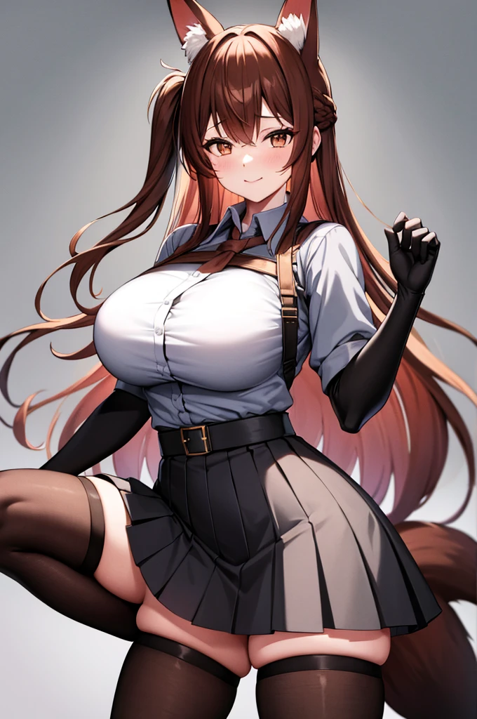 best quality, solo,Franka, 1girl, solo, long hair, breasts, looking at viewer, sultry flirty, blush, smile, bangs, skirt, large breasts, simple background, brown hair, shirt, thighhighs, gloves, white background, animal ears, hair between eyes, brown eyes, very long hair, closed mouth, tail, short sleeves, black gloves, elbow gloves, collared shirt, black skirt, animal ear fluff, fox ears, fox tail, fox girl, single thighhigh, grey shirt, asymmetrical legwear,