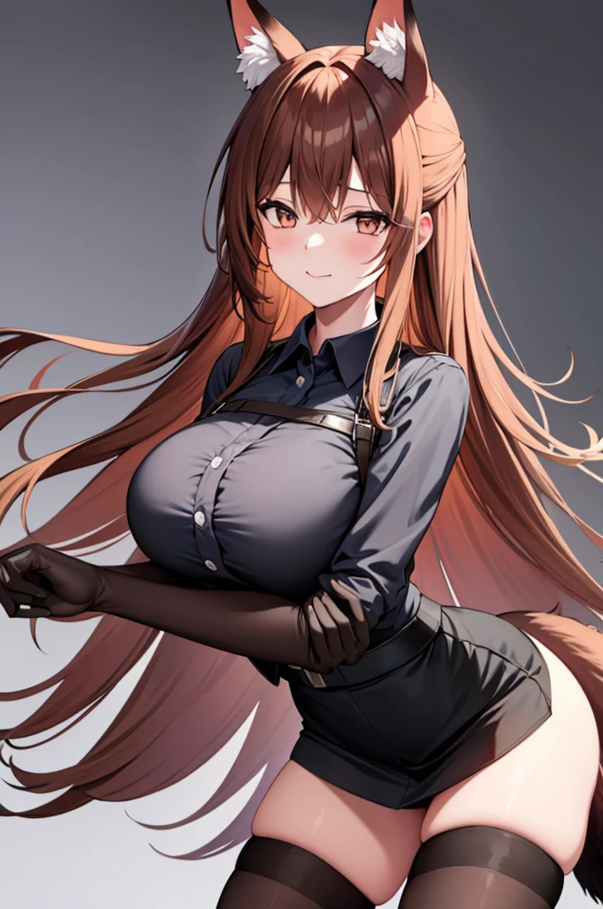 best quality, solo,Franka, 1girl, solo, long hair, breasts, looking at viewer, sultry flirty, blush, smile, bangs, skirt, large breasts, simple background, brown hair, shirt, thighhighs, gloves, white background, animal ears, hair between eyes, brown eyes, very long hair, closed mouth, tail, short sleeves, black gloves, elbow gloves, collared shirt, black skirt, animal ear fluff, fox ears, fox tail, fox girl, single thighhigh, grey shirt, asymmetrical legwear,