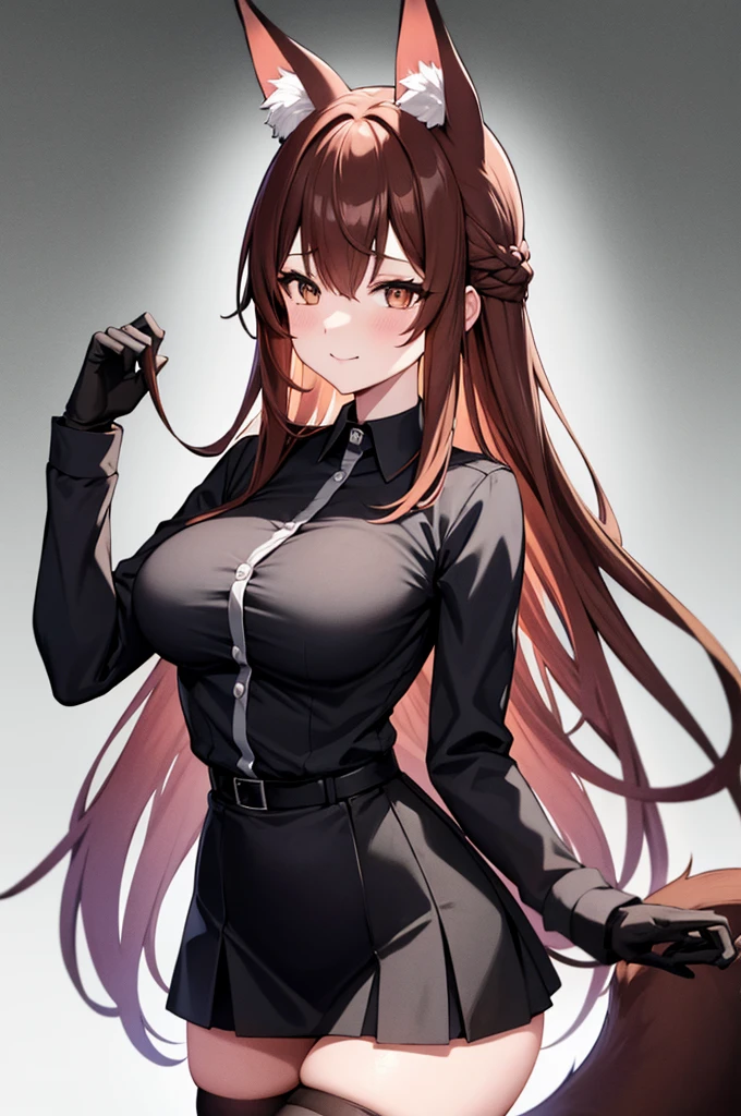 best quality, solo,Franka, 1girl, solo, long hair, breasts, looking at viewer, sultry flirty, blush, smile, bangs, skirt, large breasts, simple background, brown hair, shirt, thighhighs, gloves, white background, animal ears, hair between eyes, brown eyes, very long hair, closed mouth, tail, short sleeves, black gloves, elbow gloves, collared shirt, black skirt, animal ear fluff, fox ears, fox tail, fox girl, single thighhigh, grey shirt, asymmetrical legwear,