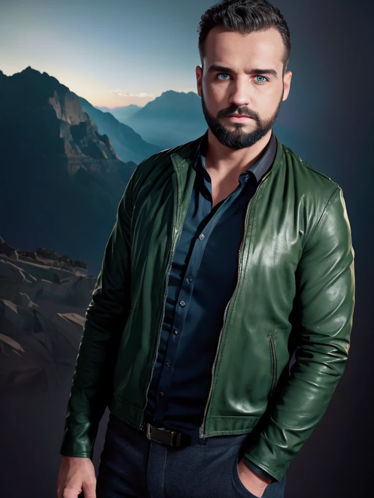 A medium-sized male, man, 30 years old, resilient and robust, with military-shaved short hair and a well-trimmed, orderly short beard. His light green eyes radiate intensity. The upper body is strong but not excessively muscular, showcasing a blend of strength and elegance. He's dressed in a black leather jacket over a white shirt, creating a sophisticated appearance. This masterpiece of hyperrealism captures the subject in high dynamic range to emphasize the intricate details of his features and attire. The background is a magnificent landscape of a plateau, flat, mesa, under fading illumination, simulating a photograph shot with a Sony A00 with Sony E 35mm f-1.8 OSS. The image has a high pixel density for a sharp and detailed visual experience.