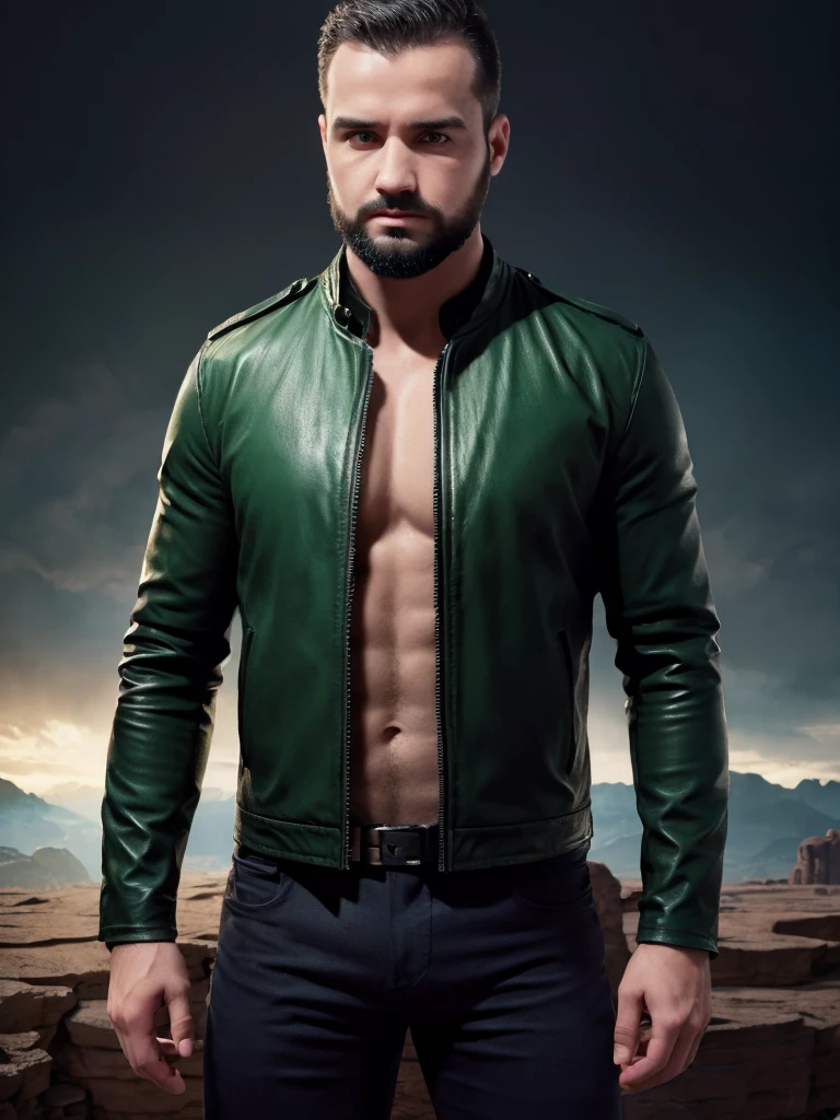 A medium-sized male, man, 30 years old, resilient and robust, with military-shaved short hair and a well-trimmed, orderly short beard. His light green eyes radiate intensity. The upper body is strong but not excessively muscular, showcasing a blend of strength and elegance. He's dressed in a black leather jacket over a white shirt, creating a sophisticated appearance. This masterpiece of hyperrealism captures the subject in high dynamic range to emphasize the intricate details of his features and attire. The background is a magnificent landscape of a plateau, flat, mesa, under fading illumination, simulating a photograph shot with a Sony A00 with Sony E 35mm f-1.8 OSS. The image has a high pixel density for a sharp and detailed visual experience.