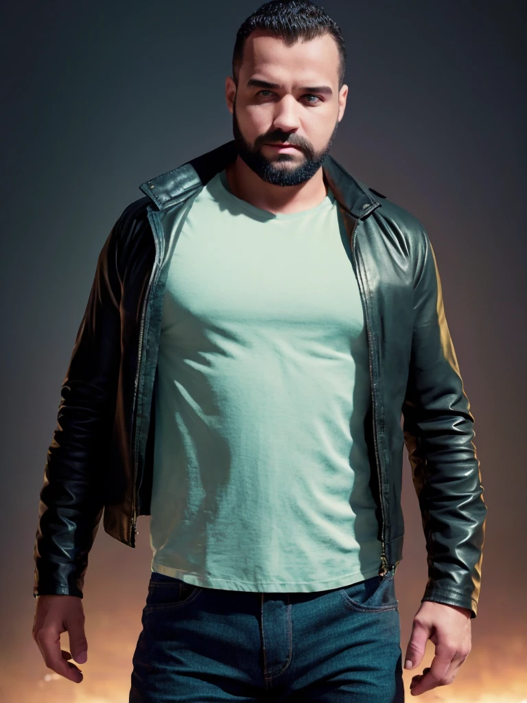 A medium-sized male, man, 30 years old, resilient and robust, with military-shaved short hair and a well-trimmed, orderly short beard. His light green eyes radiate intensity. The upper body is strong but not excessively muscular, showcasing a blend of strength and elegance. He's dressed in a black leather jacket over a white shirt, creating a sophisticated appearance. This masterpiece of hyperrealism captures the subject in high dynamic range to emphasize the intricate details of his features and attire. The background is a magnificent landscape of a plateau, flat, mesa, under fading illumination, simulating a photograph shot with a Sony A00 with Sony E 35mm f-1.8 OSS. The image has a high pixel density for a sharp and detailed visual experience.