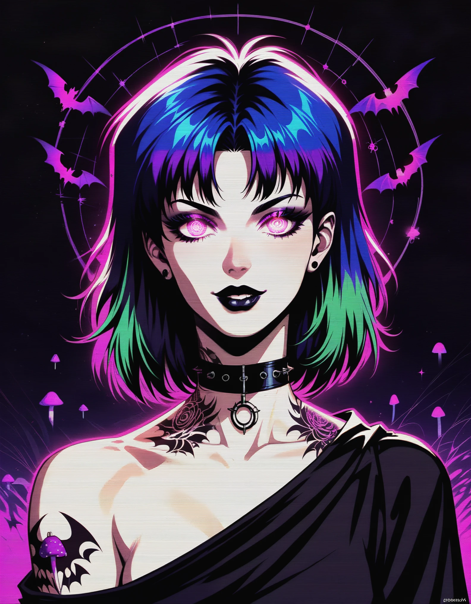 score_9, score_8_up, score_7_up, score_6_up, REAK vintage, 1990s \(style\), lady, tattoo, solo, lips, long eyelashes, tomboy, purple medium hair, looking at viewer, choker, light smile, goth, vivid colors, dark background, bats, highly detailed, intricate, sexy, colorful, high contrast, colorful hair, chaos, psychedelic, mushroom, hallucination, highly intricate details, sharp detailed eyes, luminsm, Solo, fractal, glowing 