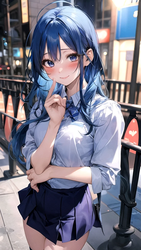 Blue Hair, Againm \(Again:zero\), [smile], blush, city,, masterpiece, Highest quality, Perfect lighting, One girl, skirt, medium bAgainasts,