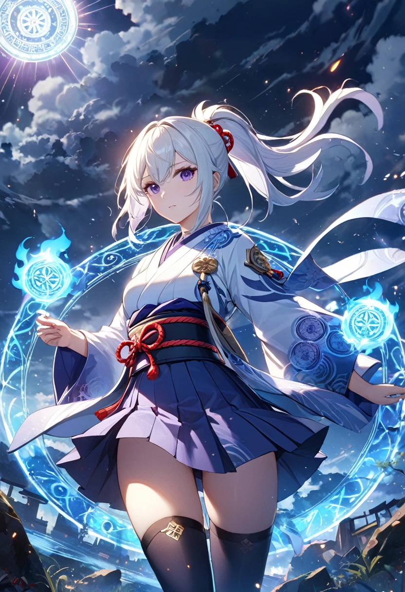 1girl, japanese clothes, ponytail ,white hair, purple eyes, magic circle, blue fire, blue flames, wallpaper, landscape, blood, blood splatter, depth of field, night, light particles, light rays, sidelighting, thighs, fate \(series\), genshin impact, ****, open jacket, skirt, thighhighs, cloud